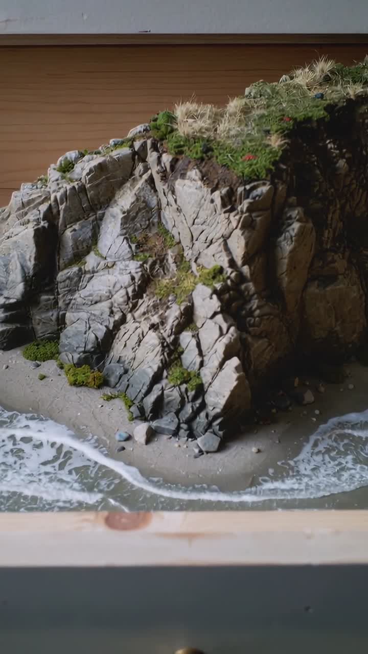 Video verticale: La telecamera si muove verso l'alto rivelando un diorama su un vassoio per mostrare una scogliera rocciosa e una maniglia in ottone.