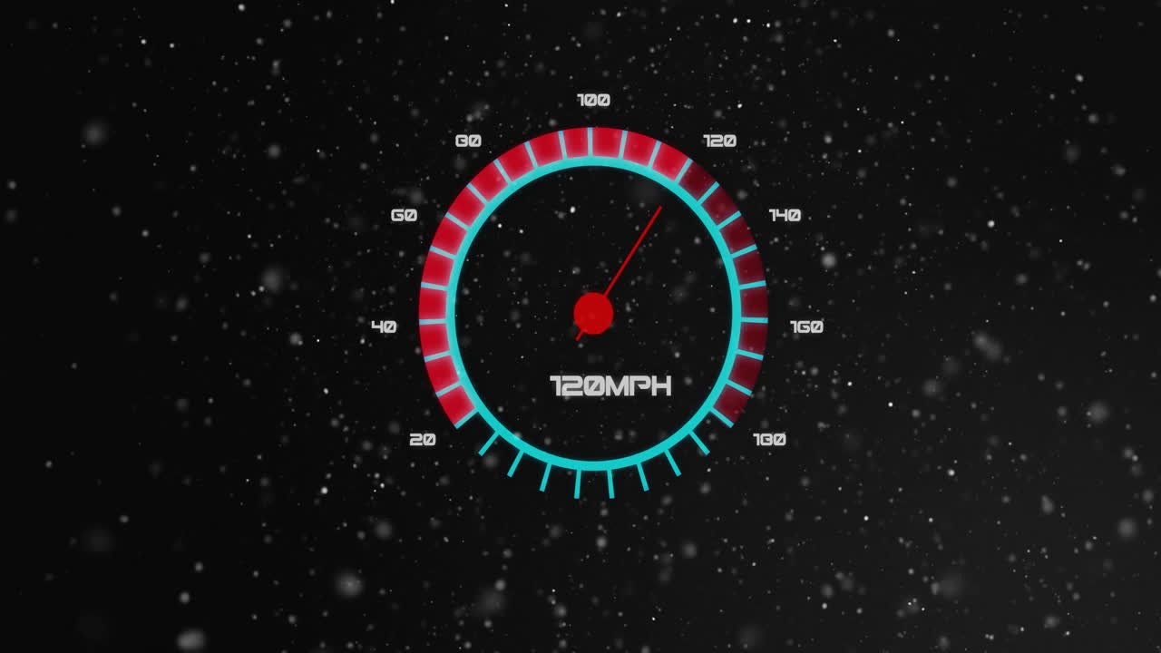 анимация спидометра и цифровой обработки данных над светящимися точками на темном фоне