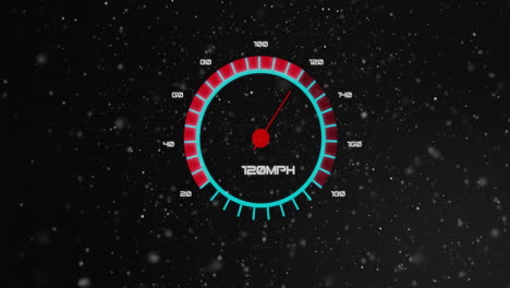 animation of speedometer and digital data processing over glowing spots on dark background