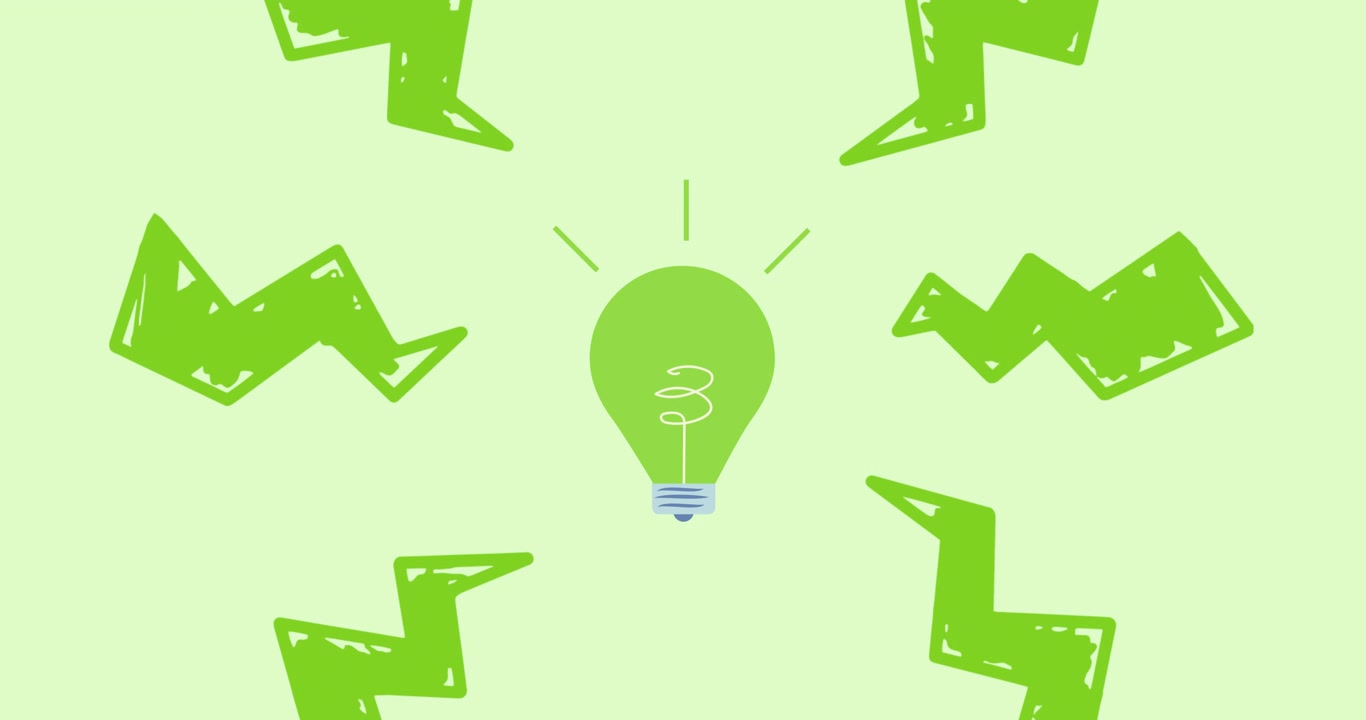 Animazione di lampadina verde e scariche elettriche su sfondo verde