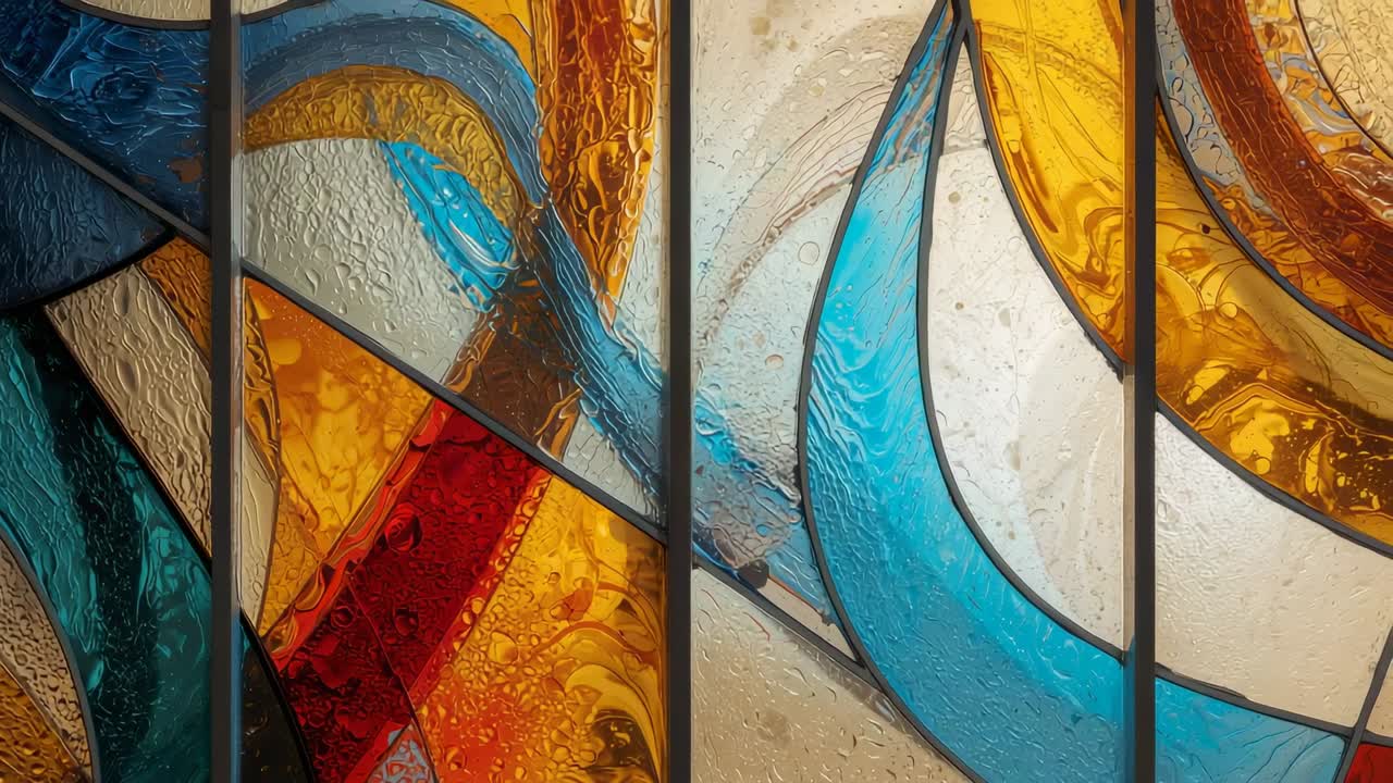 Stained-glass panels filling view in worship interior, showing warm amber red cool blue