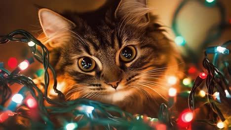 playful kitten exploring festive christmas lights, creating warm holiday scene with curious gaze and delightful interaction among colorful decorative illumination