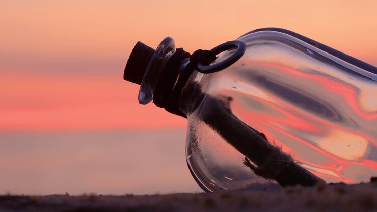 Messaggio in bottiglia contro il tramonto del sole