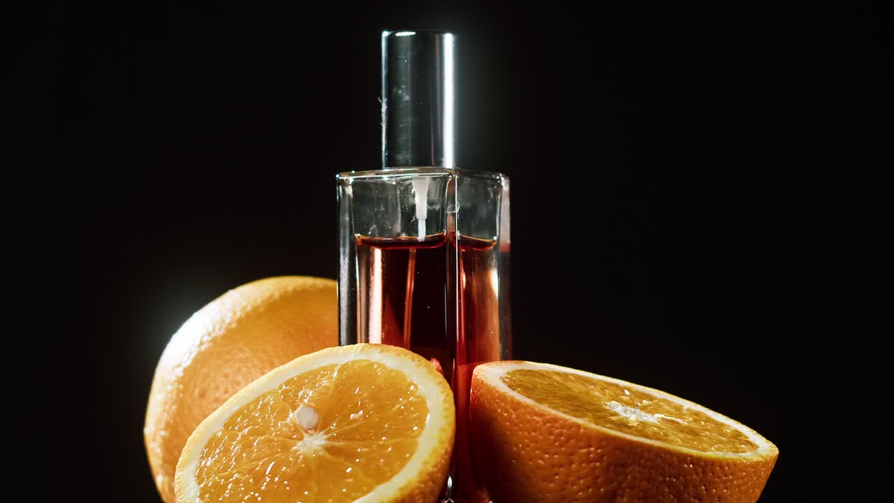 Frasco de perfume de cítricos con naranjas enteras y mitades