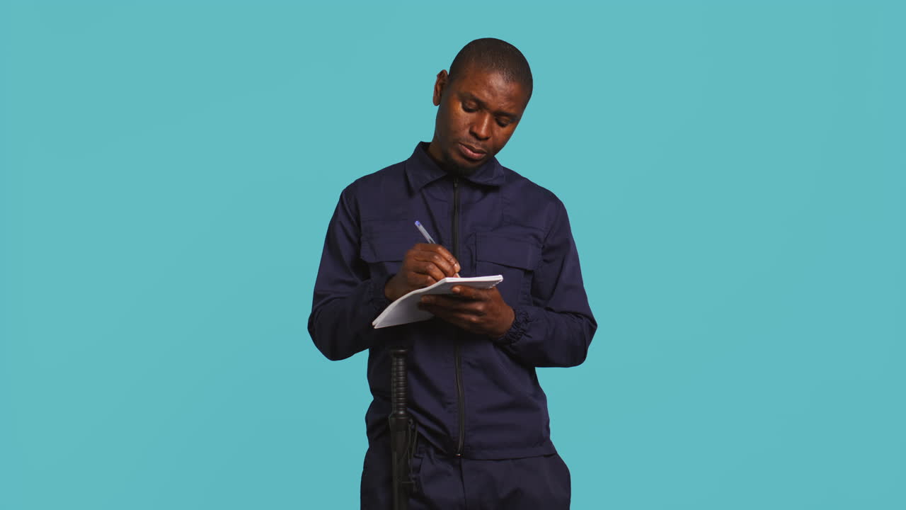 Portrait of bodyguard using pen, documenting orders on notepad