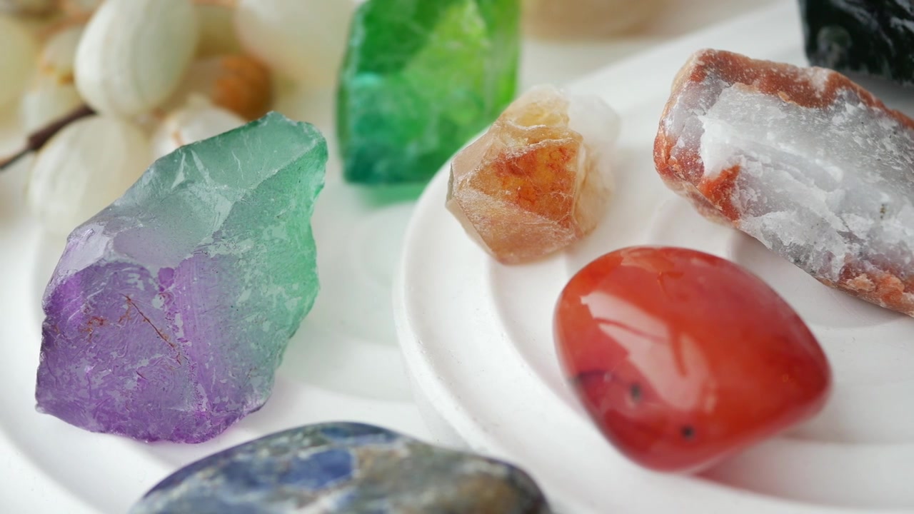 Panoramica ravvicinata di diverse gemme e cristalli naturali e colorati
