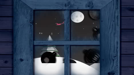 marco de ventana de madera sobre la nieve cayendo sobre las bolas de navidad en el paisaje de invierno contra el cielo nocturno