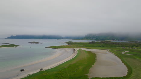 aerial towards yttersand beach near sandbotnen bay in lofoten island, norway