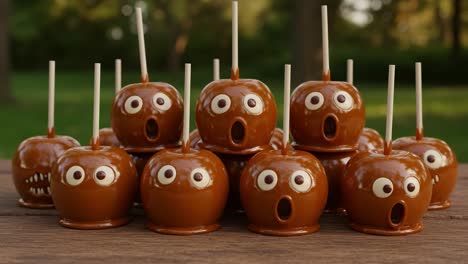 a whimsical display of adorable caramel apples with unique expressions, showcasing a variety of faces and cute features in a charming outdoor setting