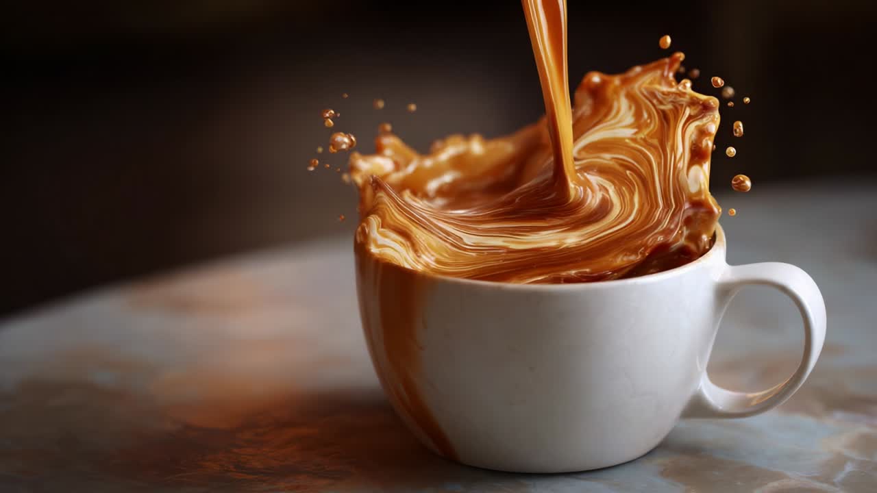 Captivating Visual Journey of Coffee Being Poured: A Sequence Showcasing the Smooth Flow and Rich Texture of Coffee as it Transforms from a Splashing to a Tranquil Scene in a White Cup
