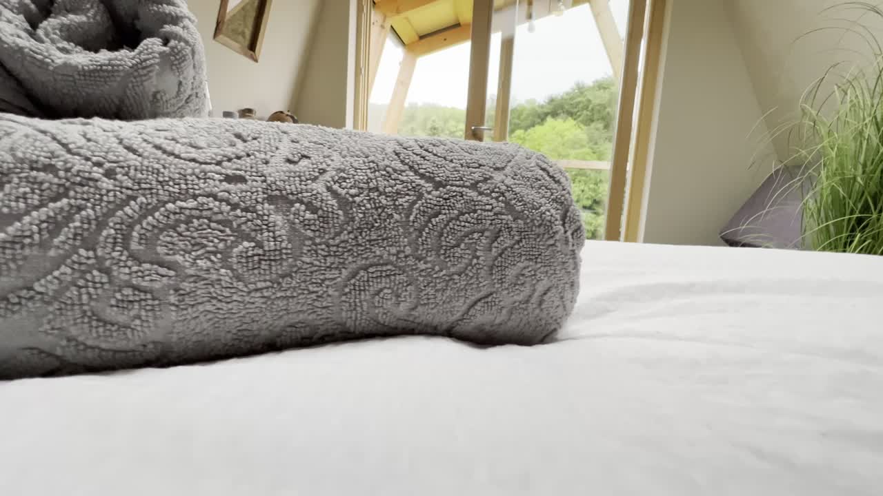 Inside a glamping house in the middle of the forest. Beautiful view to the nature through a huge glass door. Glamping and idyllic holidays