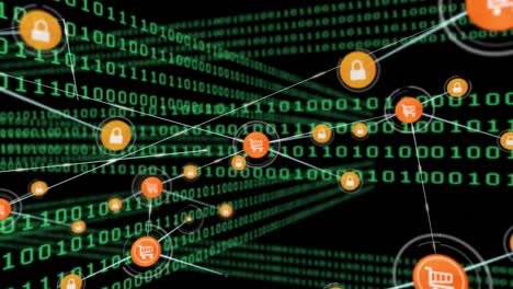 conectores en movimiento y datos digitales en fondo negro