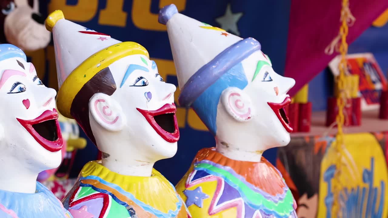 Vibrant clown heads with open mouths in a lively carnival setting.