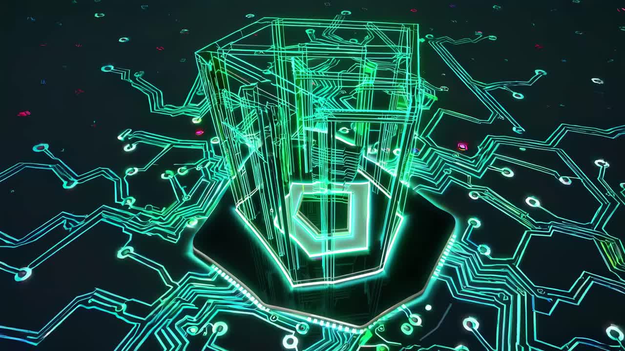 Futuristic video concept of a glowing 3D circuit board with a holographic cube