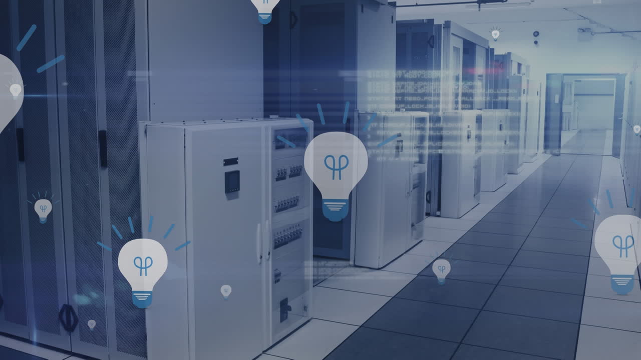 Animation of multiple electric bulb icon floating and data processing against computer server room