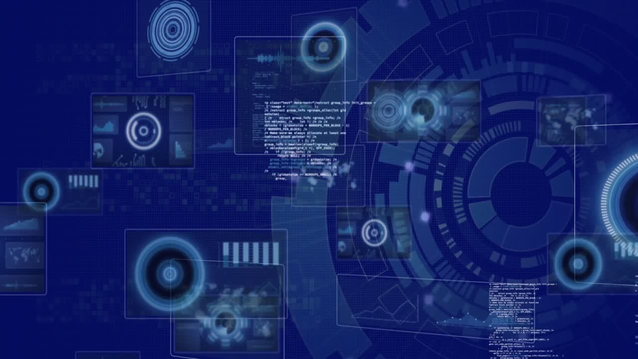 Animation of data processing and digital icons over scope spinning