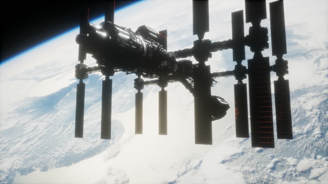 지구와 우주선의 모습. iss는 지구를 공전하고 있습니다.