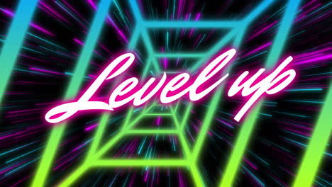 animation of level up text over moving shapes on black background