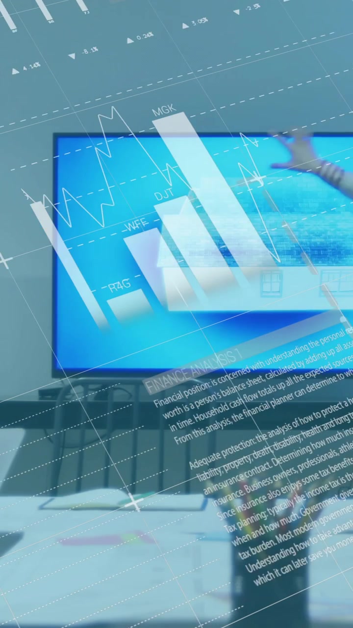 Animation of financial data processing over diverse business people in office