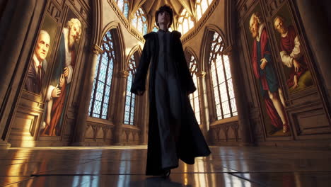 boy in a robe, walking through a gothic church
