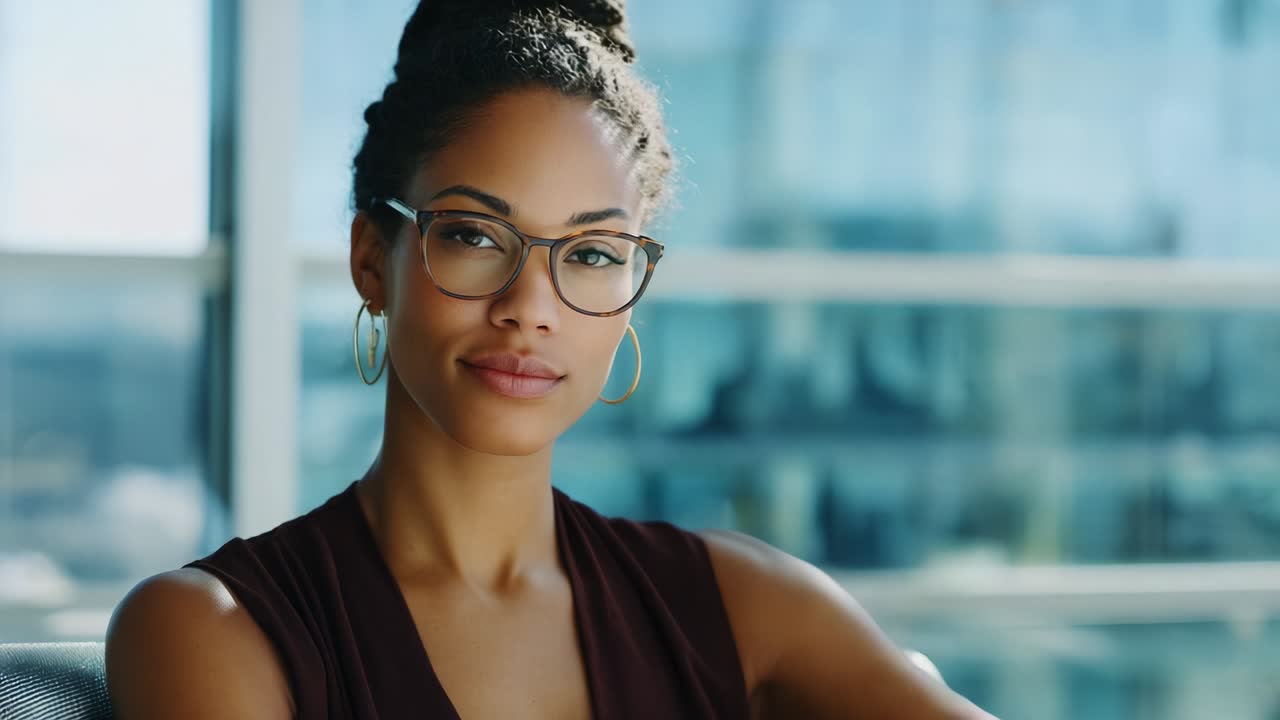 Confident Professional Woman with Glasses Posing Elegantly by a Window in a Modern Office Environment, Radiating Intelligence and Poise in a Bright, Contemporary Setting