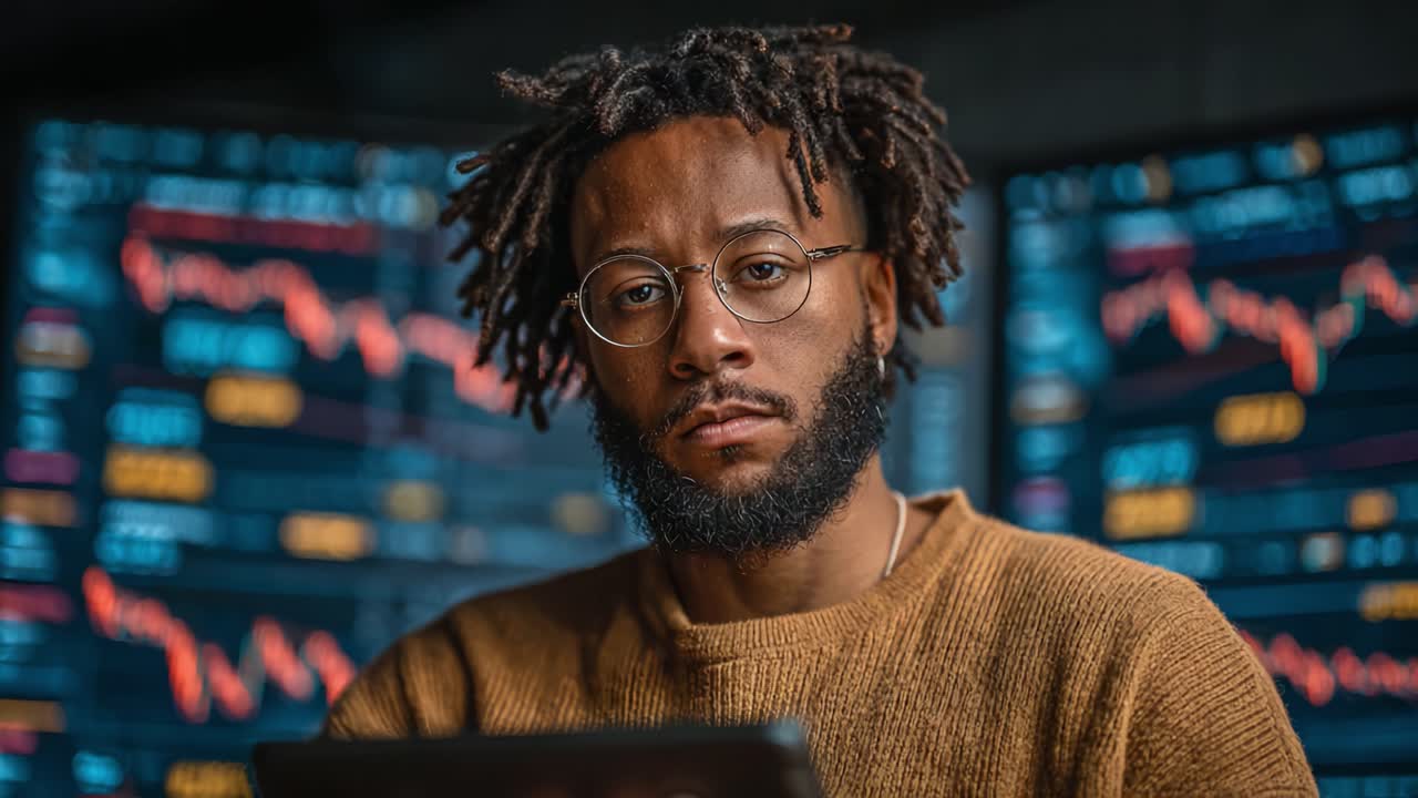 Analyzing Financial Trends: A Focused Individual Examines Market Fluctuations Against Vibrant Graphs in a Modern Trading Environment