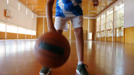 portrait of schoolboy holding basketball in basketball court