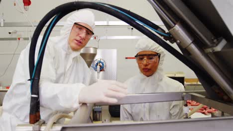 team of butcher examining machine