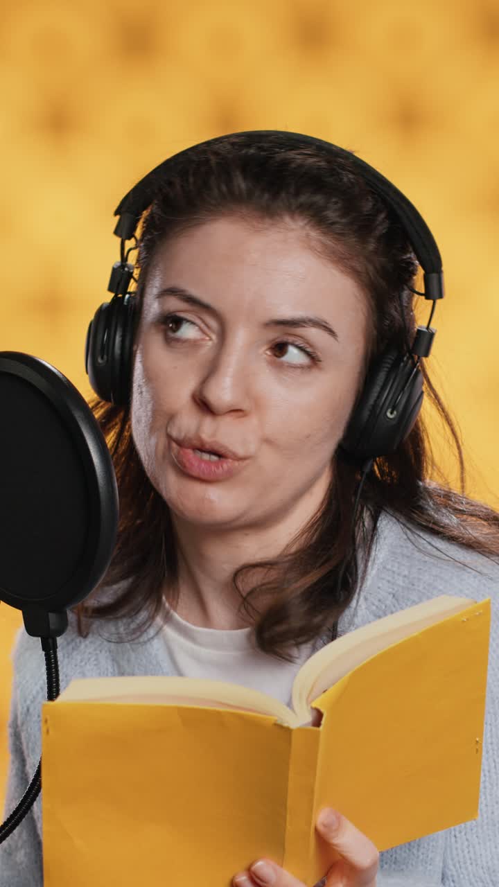 Donna con cuffie che legge un libro in un microfono per un audiolibro