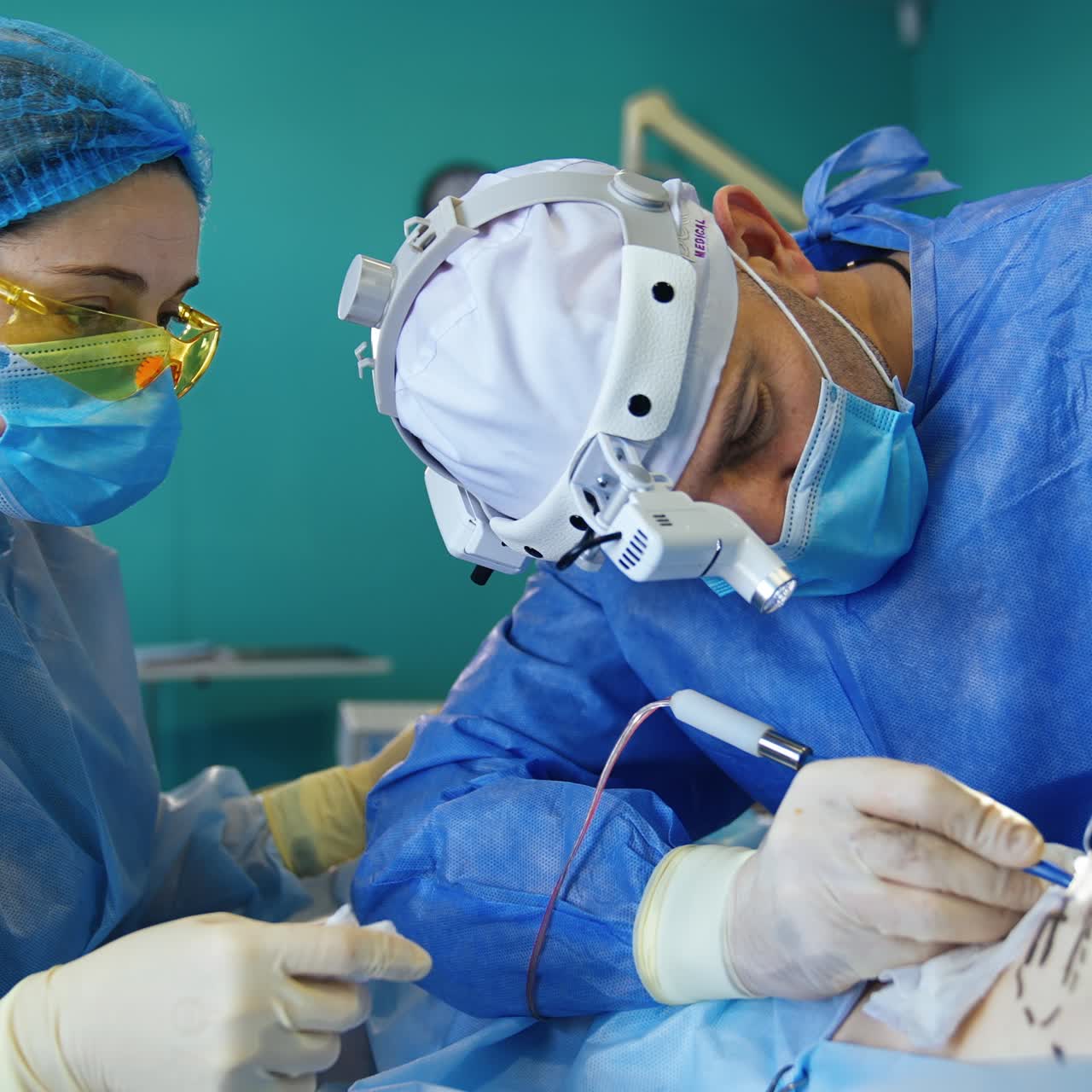 Plastic surgeon carrying out the bust implantation surgery. Doctor using electric tool in his work. Assisting nurse watches carefully the process