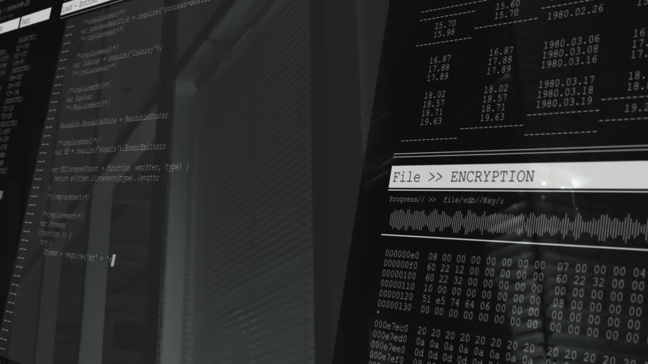 Animation of encryption process on computer screen with code and data visualization