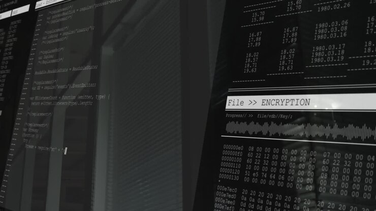 Animatie van versleutelingsproces op computerscherm met code en datavisualisatie