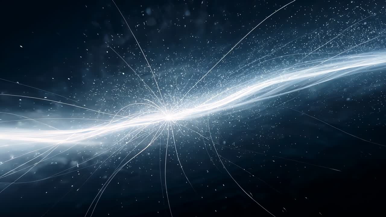 Appearing central point emitting glowing filament in void, branching tendrils scattering sparks