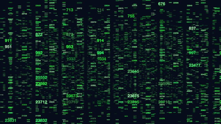 Binary code tiling intriguing pattern of green numbers on black background