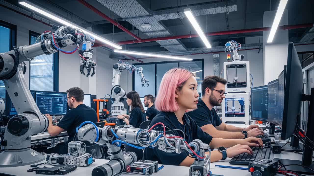 A Dynamic Workspace Showcasing Robotics Innovation, Collaboration, and Technological Advancement in a Modern Laboratory Environment with Researchers and Robotic Arms