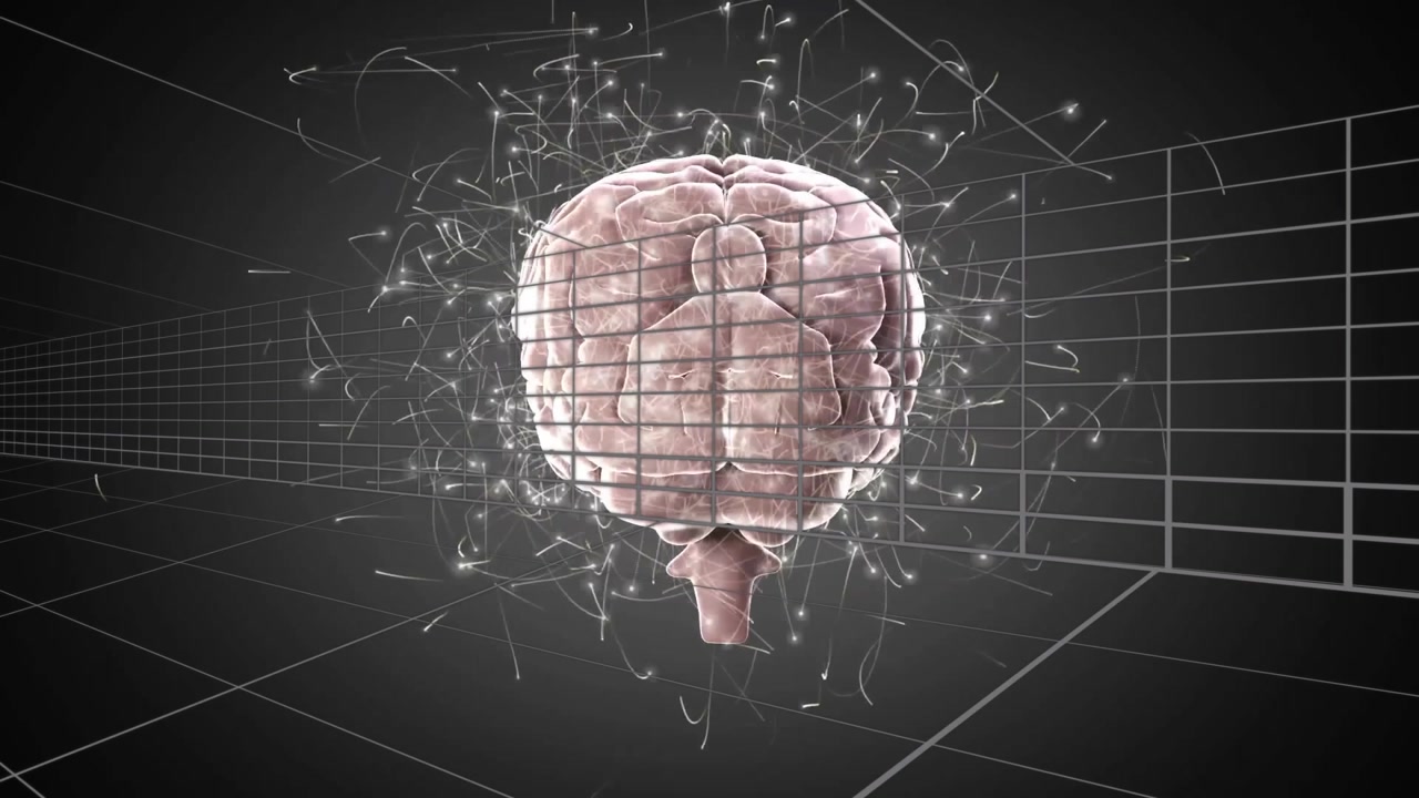On sequence start 3D brain rotating and emitting particles visualizing data streams across grid