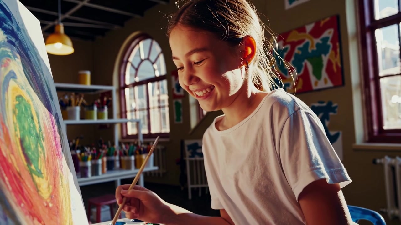 Giovane ragazza felice che dipinge su tela in uno studio d'arte