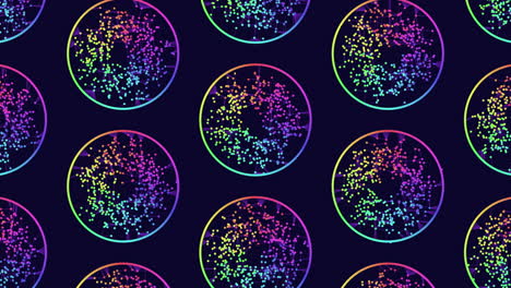vibrant glowing circles of various colors create an intricate pattern on a black background. the circles overlap and are spaced out, forming a visually captivating design
