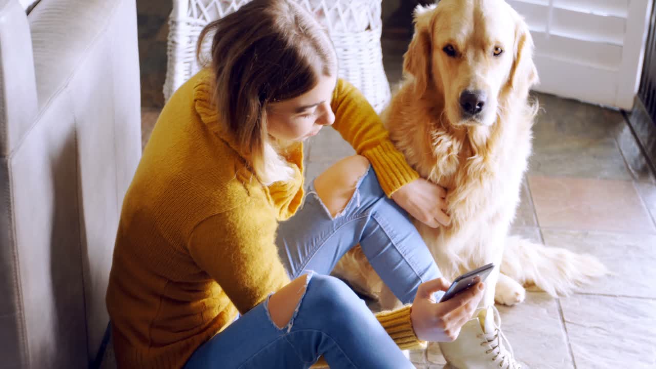 mujer usando teléfono móvil con su perro 4k