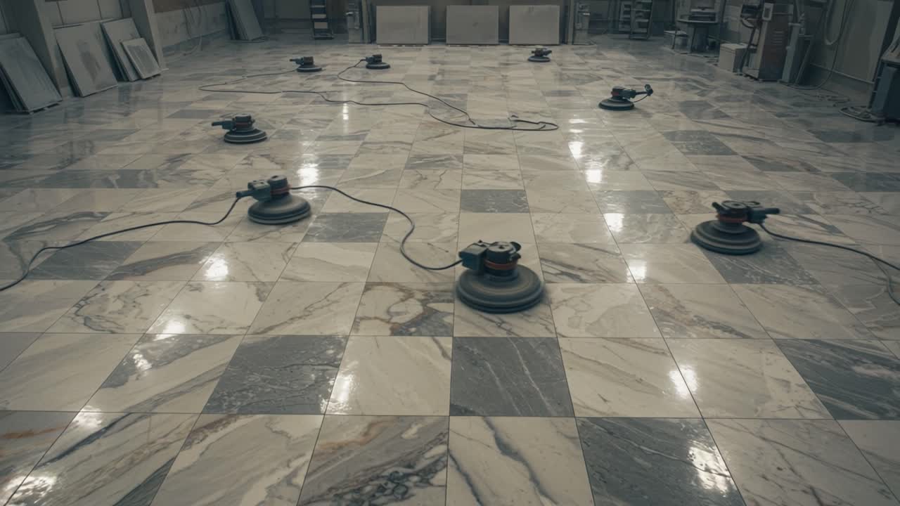 Aerial View of Polishing Machines Arranged on Marble Floor with Electrical Cords in an Indoor Setting, Showcasing the Process of Floor Maintenance and Restoration
