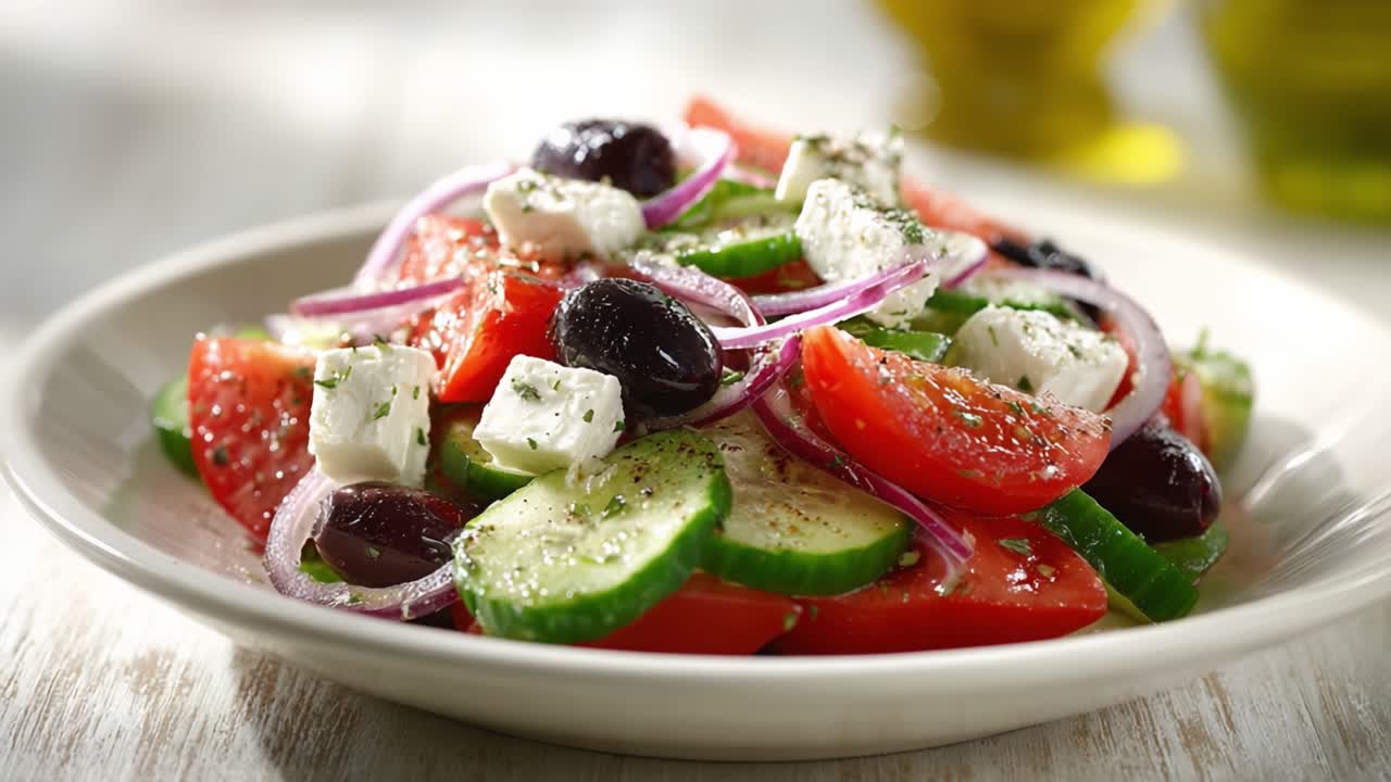 A Colorful Greek Salad Featuring Fresh Vegetables, Feta Cheese, and Kalamata Olives Served in a Delightful Arrangement on a White Plate
