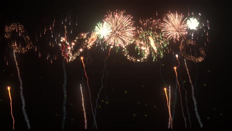 fireworks-explosions-on-black-background-with-glittering-stars,-3D-animation,-animated-fireworks