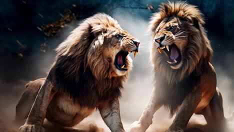 An intense lion confrontation unfolds in a dusty terrain of africa full of raw emotion and drama
