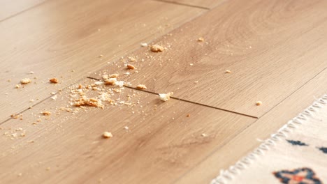 crumbs on wooden floor and vacuuming