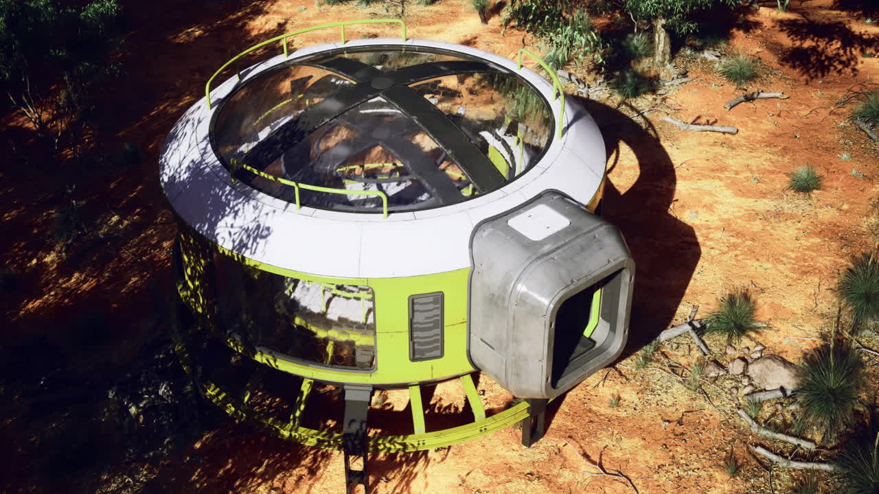 Struttura futuristica in un paesaggio desertico circondato da alberi