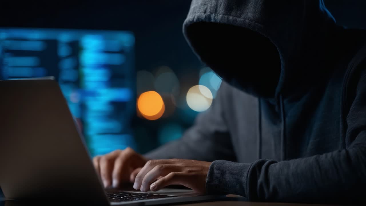A Mysterious Figure Operates a Laptop in Dim Lighting, Surrounded by Glowing Screens, Embodying the Intriguing World of Cyber Exploration and Digital Intrigue