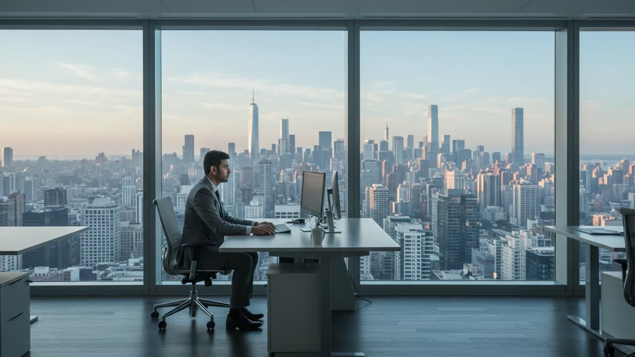 Um Profissional Focado no Trabalho: Capturando a Essência da Produtividade e Vistas Urbanas em um Ambiente de Escritório Moderno