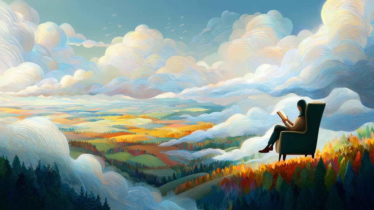 A Serene Escape: A Person Sits Comfortably in a Cozy Chair Reading a Book, Surrounded by Vibrant Clouds and a Scenic Overlook of Colorful Autumn Landscapes