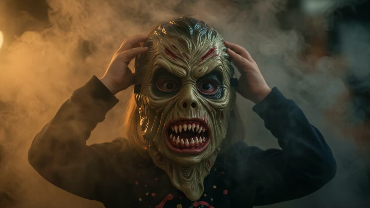 A Child's Eerie Transformation: A Frightening Mask Overwhelmingly Captivates as it Creates an Unforgettable Atmosphere of Spectacle and Spookiness