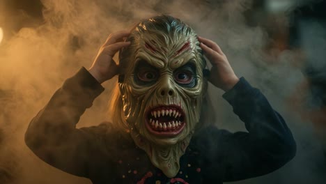 a child's eerie transformation: a frightening mask overwhelmingly captivates as it creates an unforgettable atmosphere of spectacle and spookiness